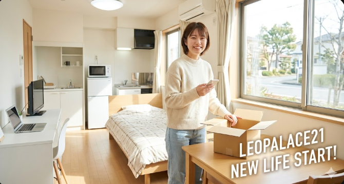 レオパレス21の家具家電付き物件で、スマホを手に笑顔で新生活の準備をする女性。陽当たりの良い清潔なワンルームの室内。
